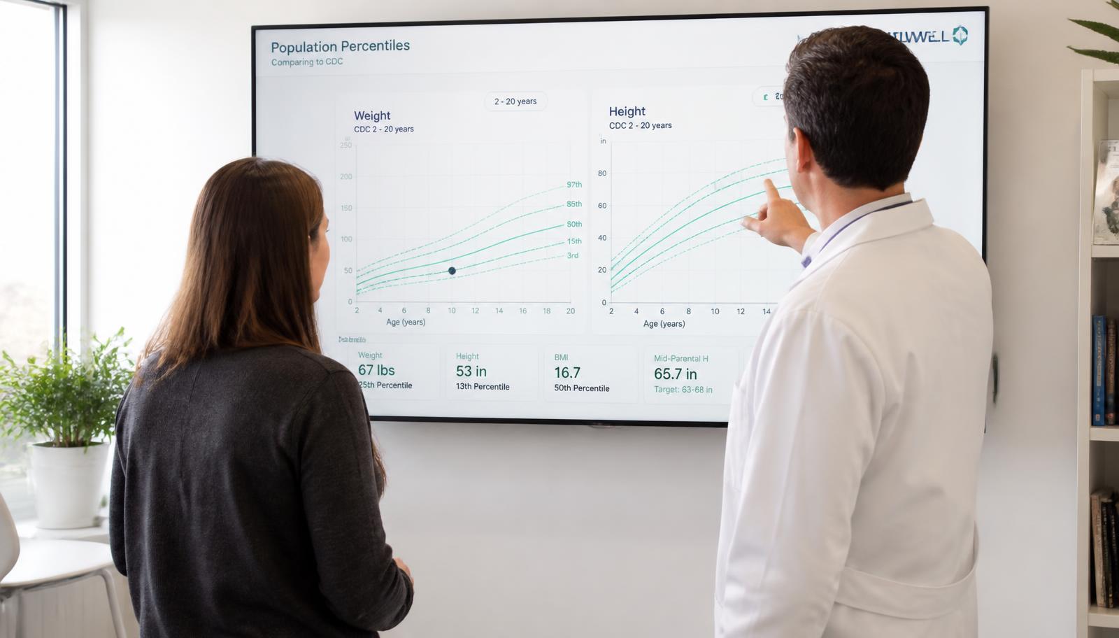 Clinician and visitor reviewing population percentile charts on a wall screen