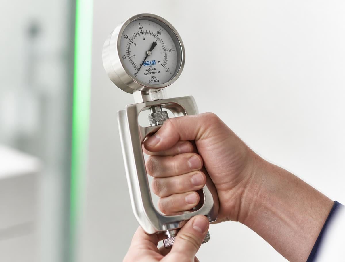 Hand squeezing a steel hand dynamometer used for grip strength testing